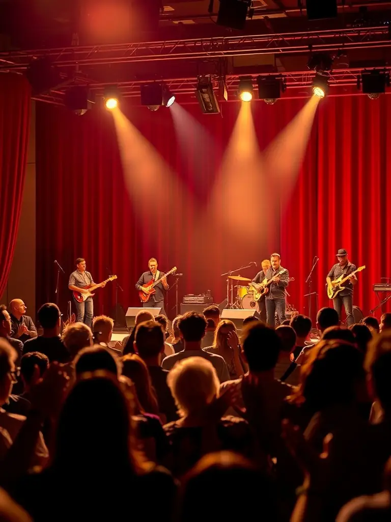 A dynamic image of a live performance event organized by ASS LA DIALOGUE COMPANY, featuring musicians and performers on stage, with an enthusiastic audience enjoying the show.