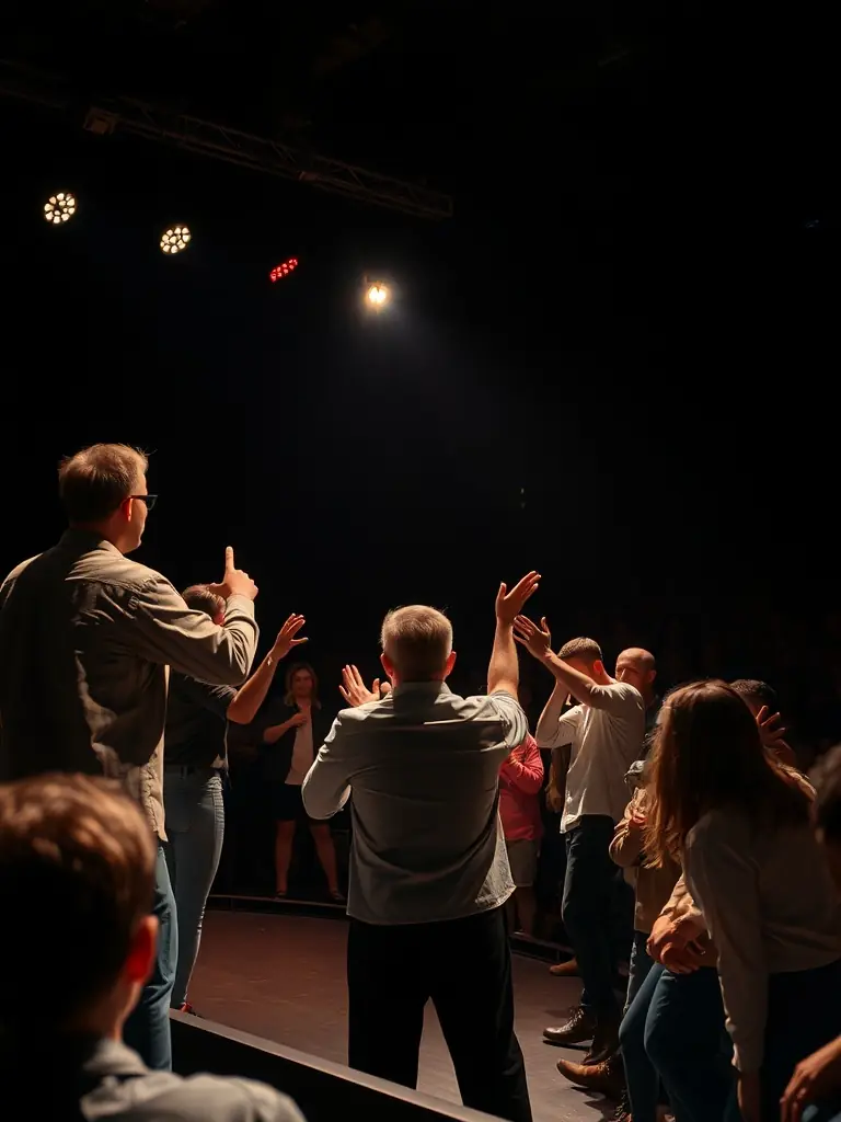 A vibrant photograph capturing a live theatrical performance organized by ASS LA DIALOGUE COMPANY, showcasing actors on stage with dynamic lighting and engaged audience members.
