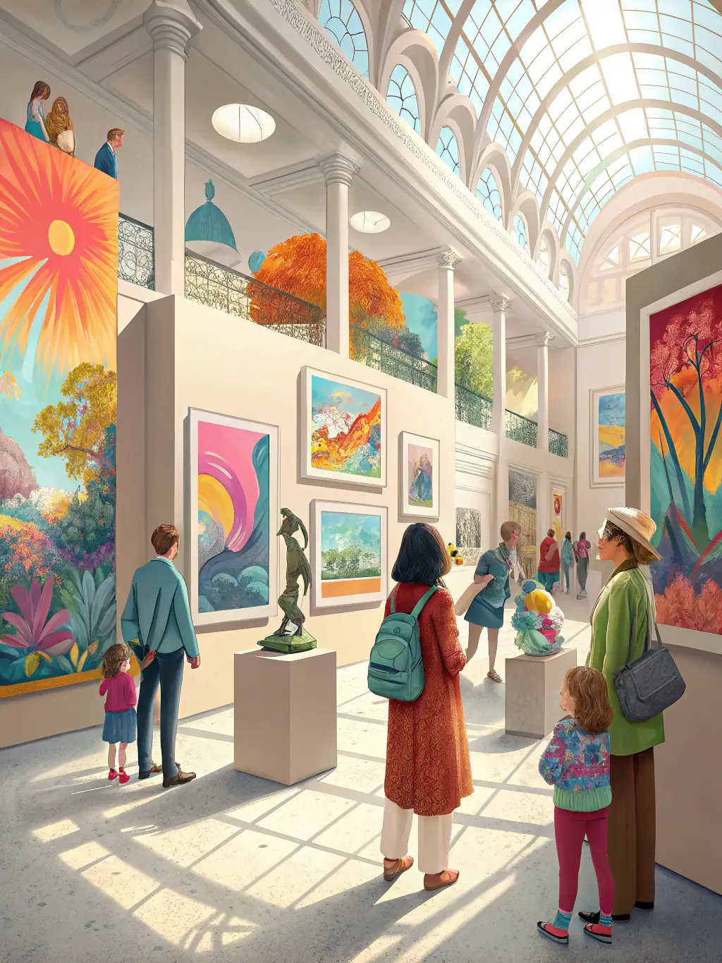 A photograph of an outdoor art exhibition, displaying various artworks created by local artists, with people strolling through the exhibition and appreciating the art.