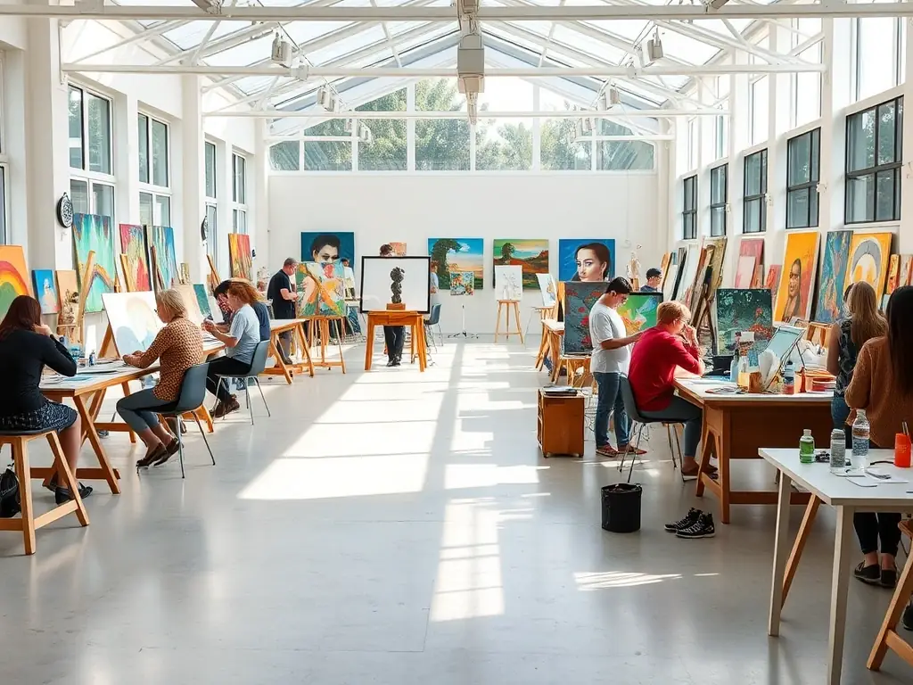 A dynamic image of an art workshop in progress, featuring participants of various ages engaged in hands-on creative activities, surrounded by art supplies and tools.