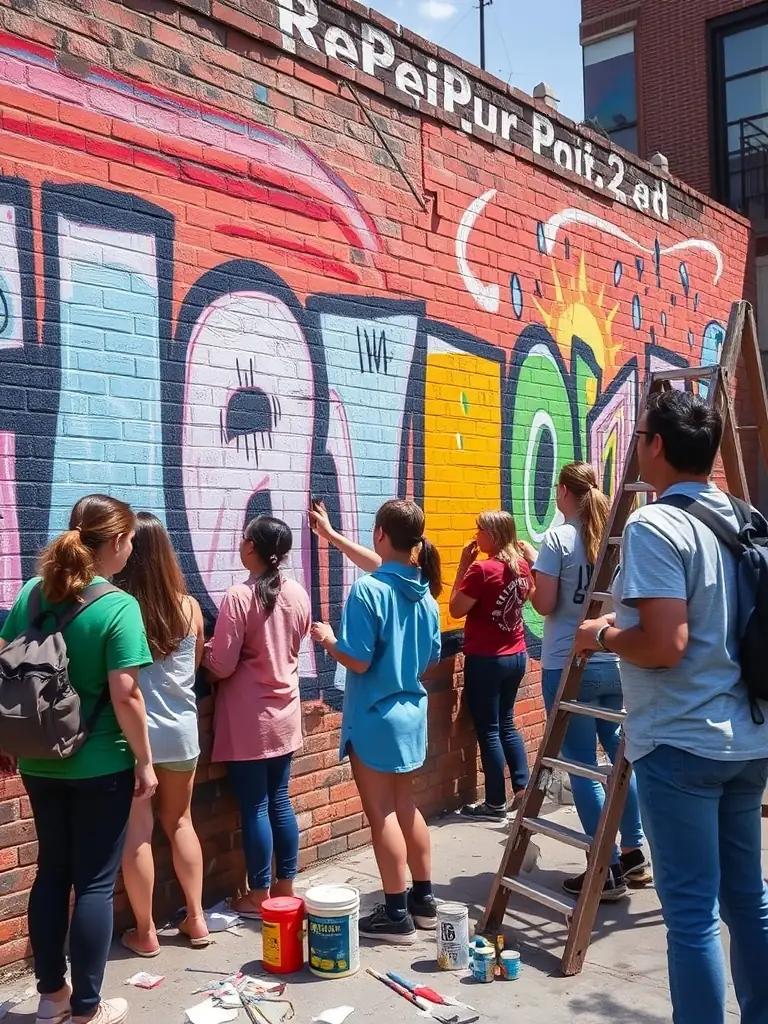 A picture of a group of volunteers working together on a community art project, painting a mural on a public wall, demonstrating the collaborative spirit and community engagement.