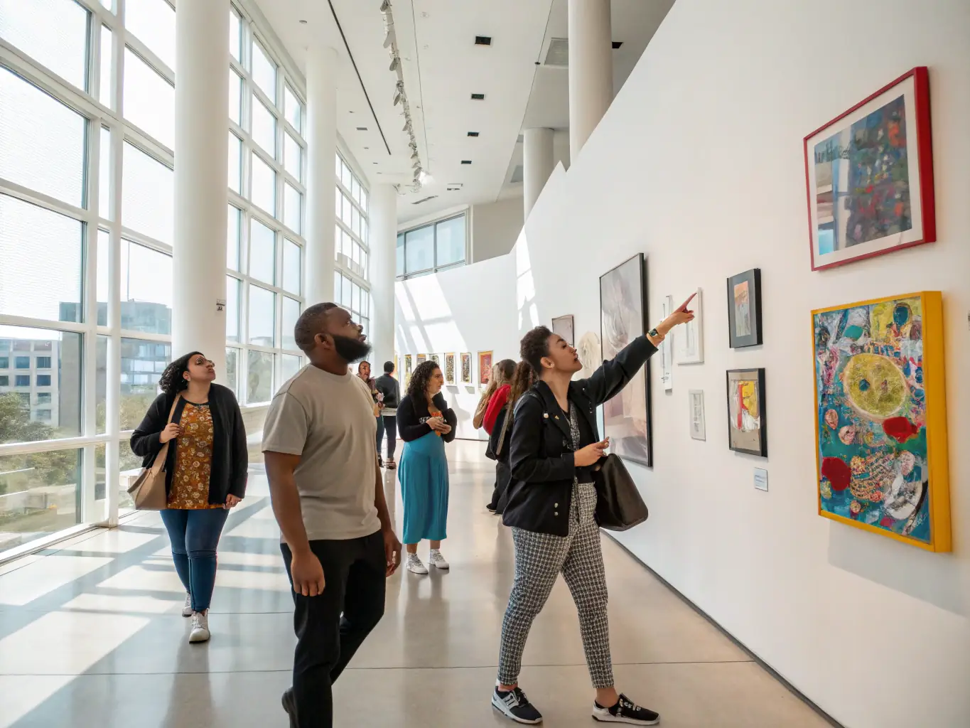 A photograph of a community art exhibition, featuring various artworks displayed on walls and pedestals, with people of different ages and backgrounds admiring the art.