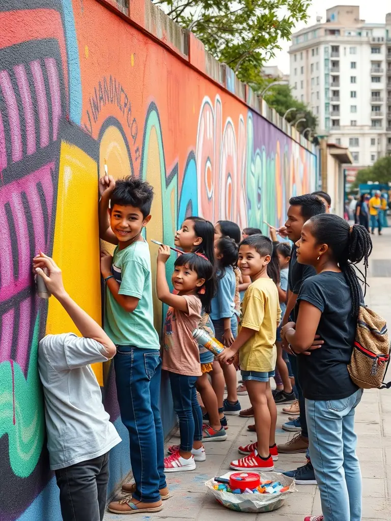 A photograph capturing a collaborative mural painting session, showcasing diverse participants working together on a large-scale artwork, symbolizing ASS LA DIALOGUE COMPANY's commitment to collaborative art projects.