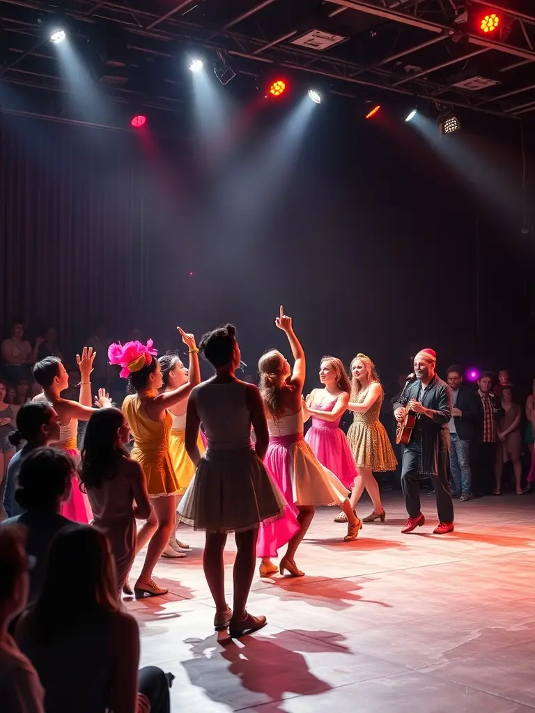 A vibrant photograph capturing a live performance event organized by ASS LA DIALOGUE COMPANY, showcasing diverse participants and a lively audience, emphasizing community engagement and artistic expression.