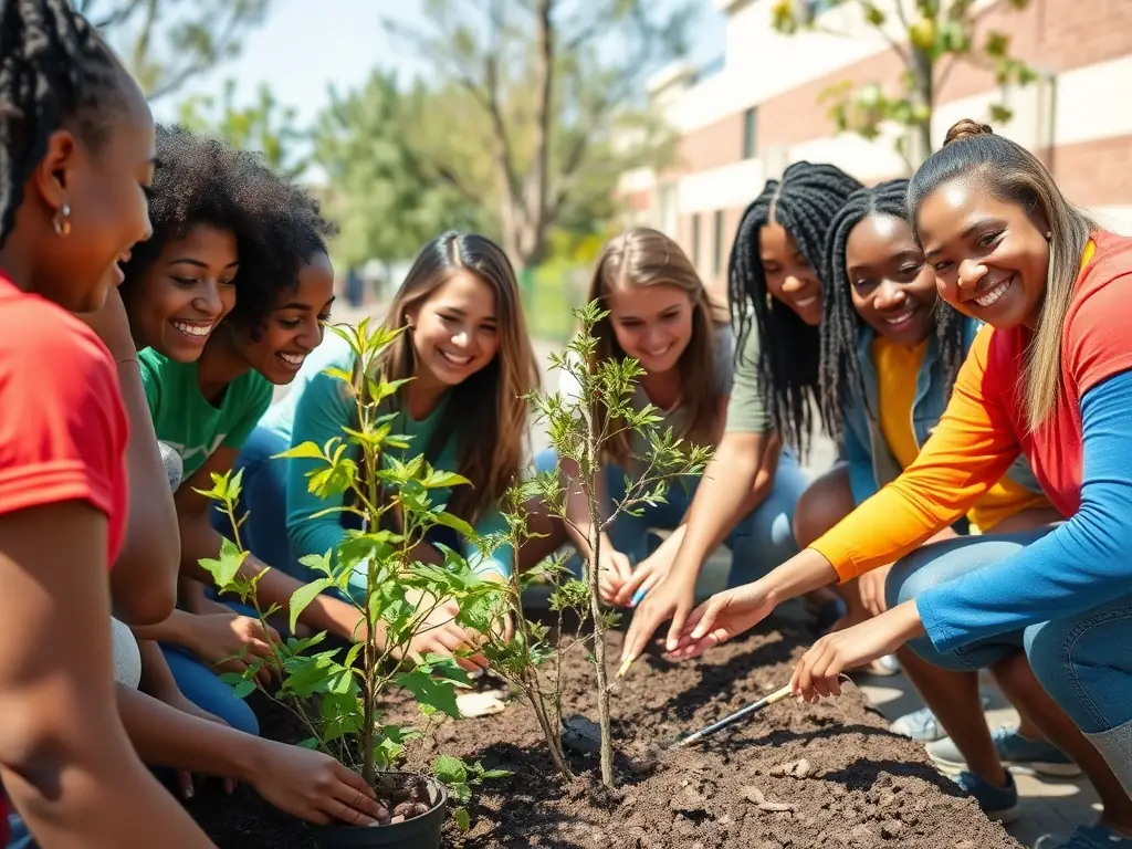 A photograph of community members participating in an outdoor art installation project, collaborating to create a large-scale public artwork that reflects the organization's mission.