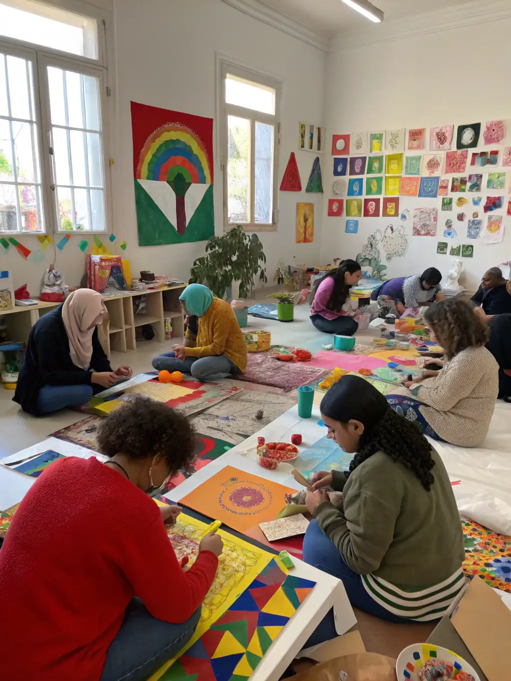 A photograph of participants actively engaged in an art workshop organized by ASS LA DIALOGUE COMPANY, showing them painting, sculpting, or creating other forms of art.
