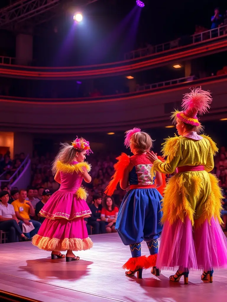 A photo of a theater performance organized by ASS LA DIALOGUE COMPANY, featuring actors on stage with expressive costumes and dynamic lighting, highlighting the organization's support for performing arts.