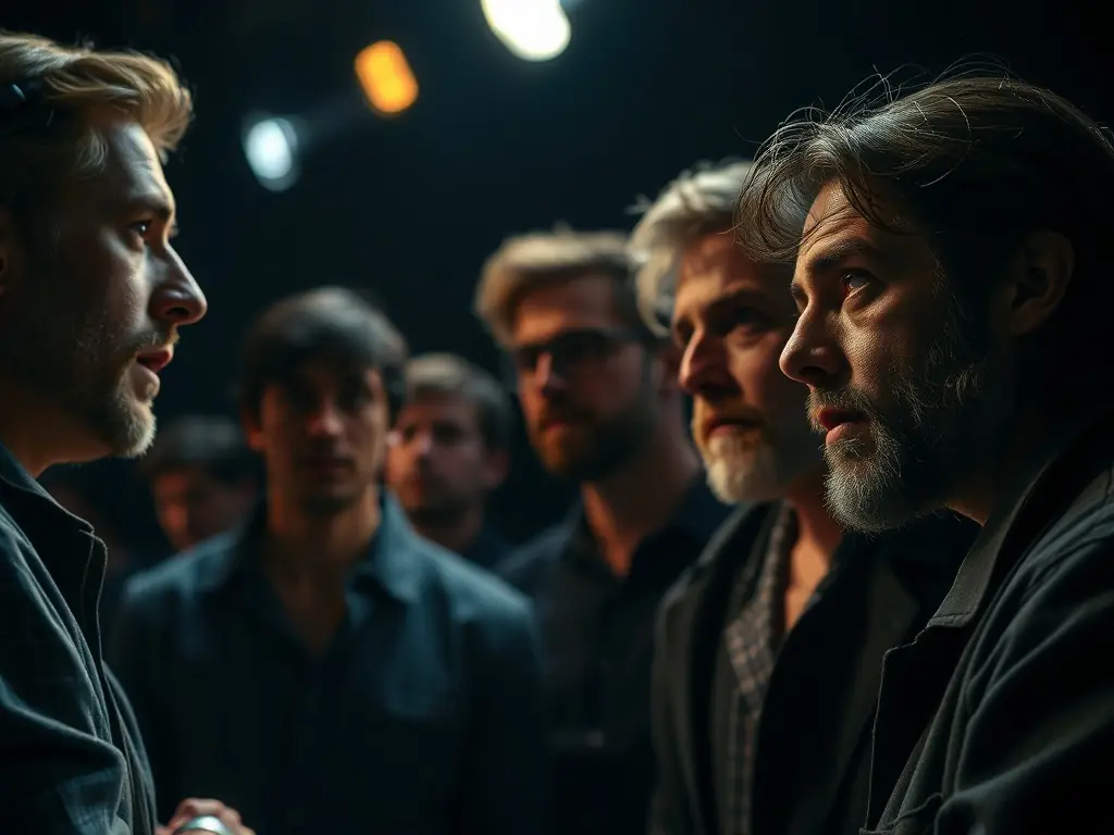 A photograph capturing a live theatrical performance with actors on stage, dramatic lighting, and an engaged audience.