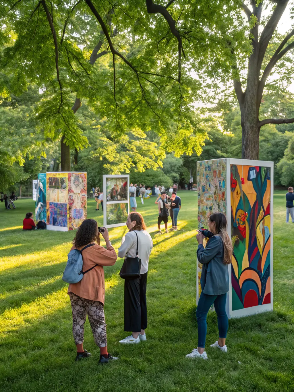 A colorful image depicting an outdoor art exhibition hosted by ASS LA DIALOGUE COMPANY, featuring various art installations and community members interacting with the artwork.