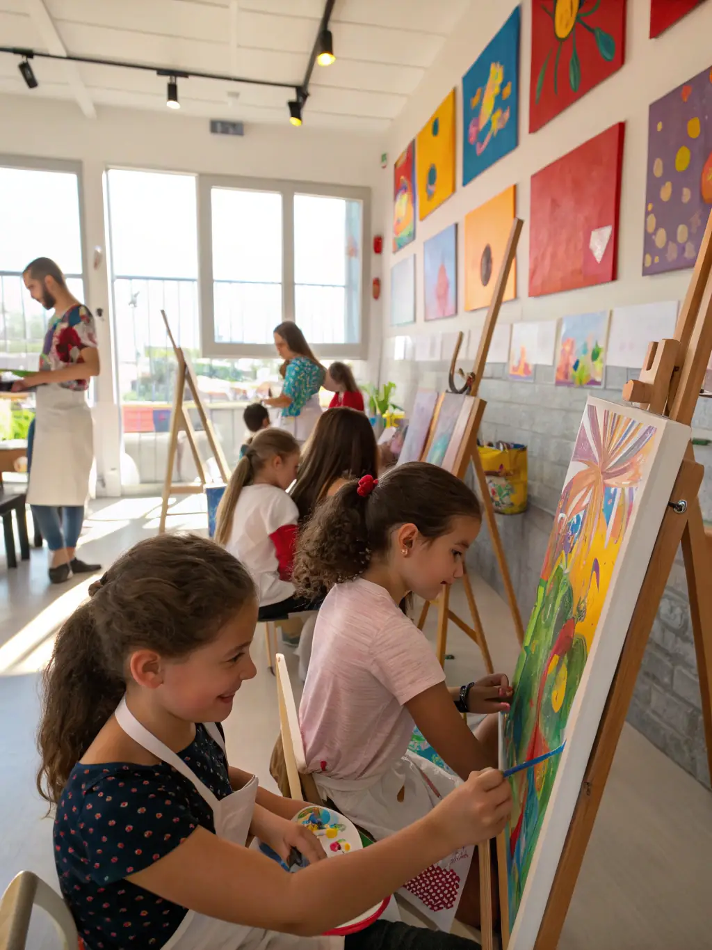 A vibrant photograph capturing a community art workshop in progress, with participants of various ages engaged in painting and creative activities, showcasing the hands-on learning experience.