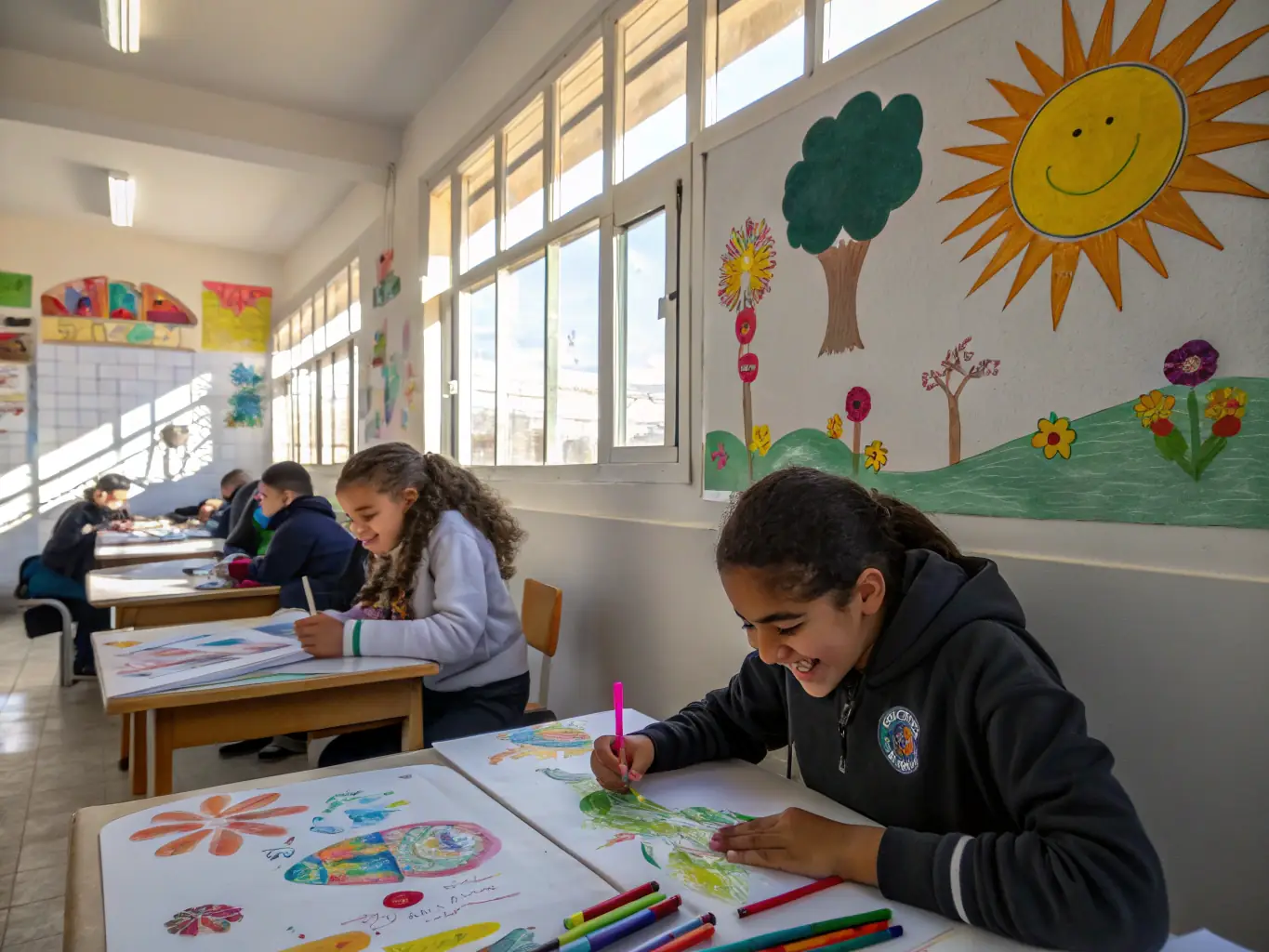 A photograph of a children's art workshop with kids painting and drawing, instructors guiding them, and colorful art supplies scattered around.