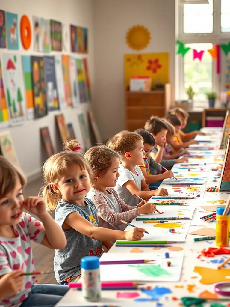 An image of children and adults participating in a painting workshop, with instructors guiding their creative process, representing ASS LA DIALOGUE COMPANY's art workshops and educational programs.
