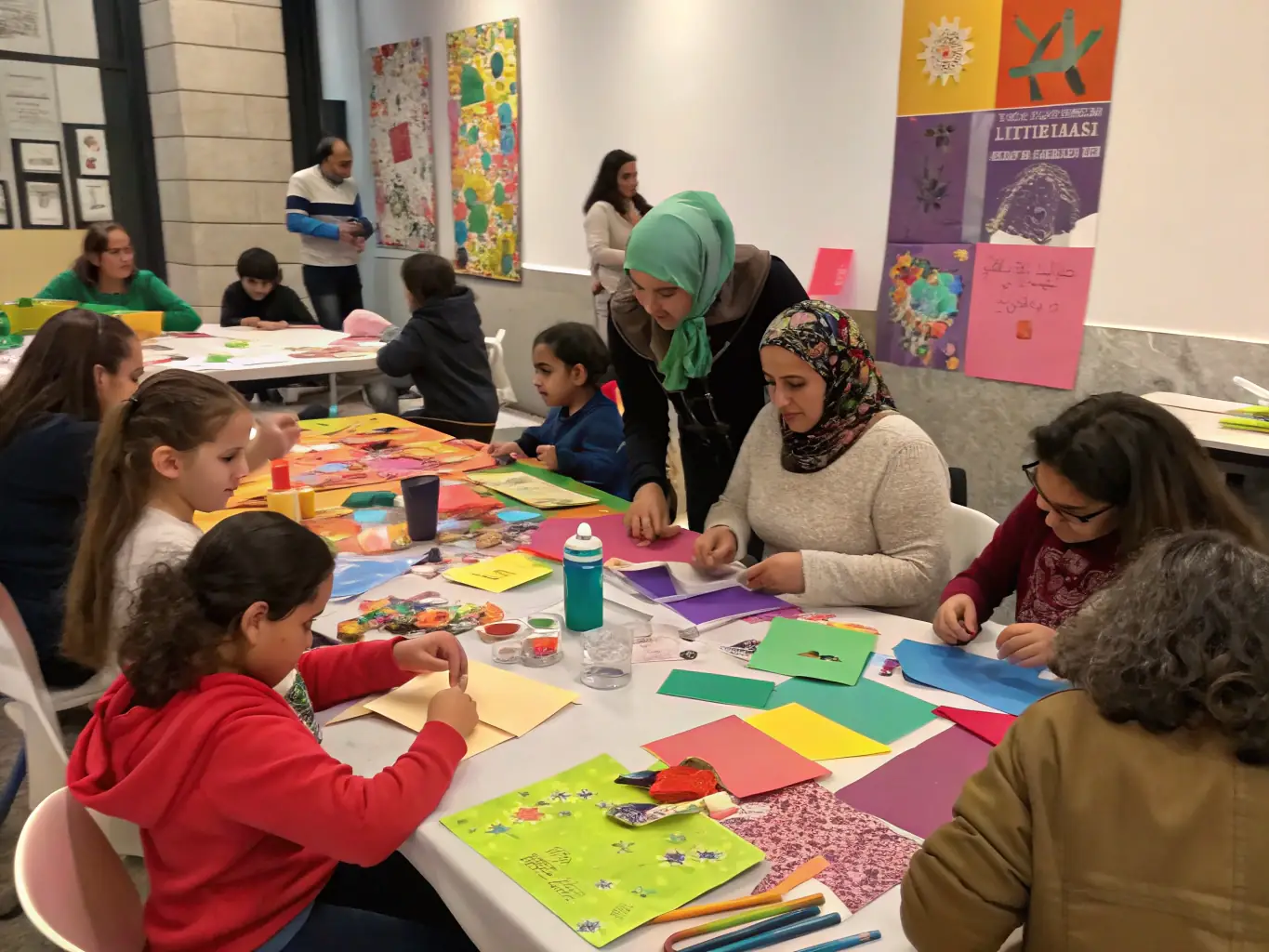 A colorful image depicting participants in an art workshop, with various art supplies scattered around and individuals actively creating artwork under the guidance of an instructor.