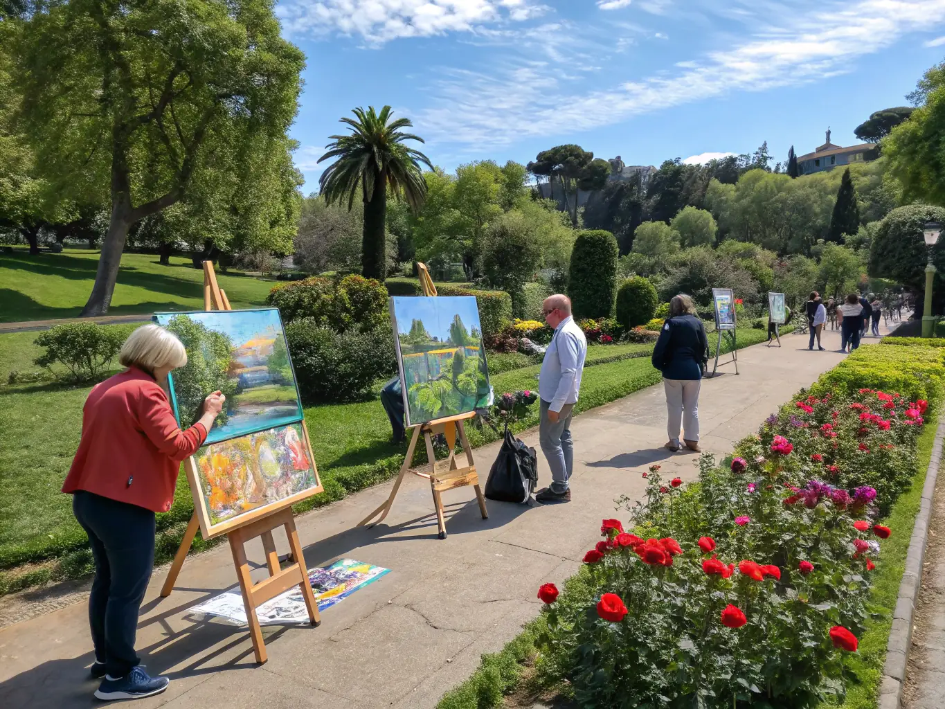 A photograph of an outdoor art exhibition with various sculptures and paintings displayed, people admiring the artwork, and a festive atmosphere.